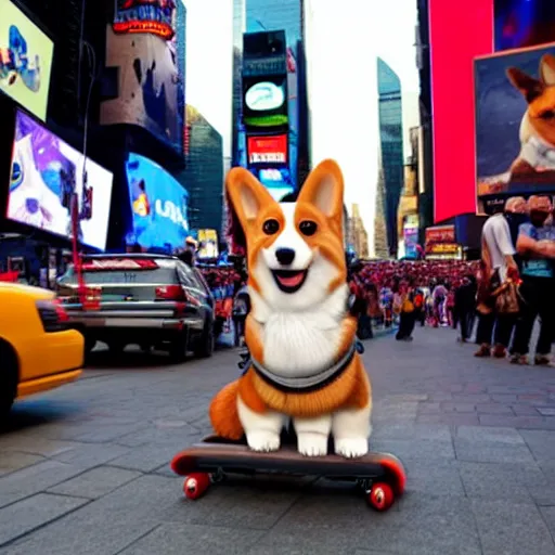 Image similar to a corgi riding a skate on times square