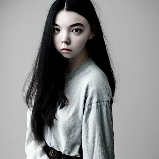 Prompt: a portrait photo of a beautiful young woman who looks like a korean anya taylor - joy