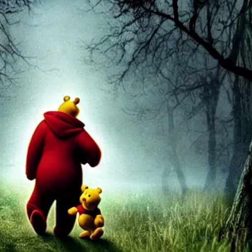 Prompt: winnie the pooh horror movie slasher, scary, creepy, realistic, cinematic