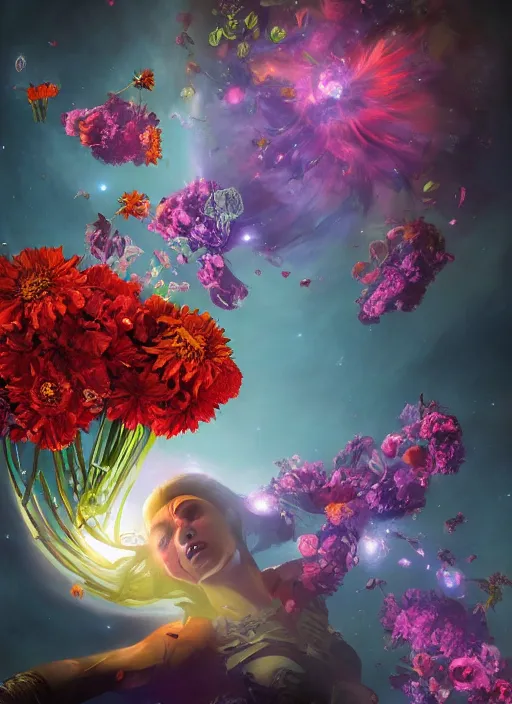 Prompt: An epic fantastic realism comic book style painting of the most beautiful spiraling flowers launched across the dark and starry Universe, floating bouquets, fisheye lens, unreal 5, DAZ, hyperrealistic, octane render, dynamic lighting