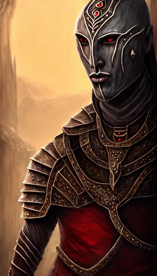 Image similar to hyperrealistic full body image of morrowind dunmer male nerevarine in front of balmora, red eyes, 3 / 4 portrait, symmetrical face, handsome face, full body dnd character portrait, medieval armor, morrowind armor, oblivion armor, skyrim armor, eso armor, intricate, highly detailed, elegant, 4 k, artstation, deviantart