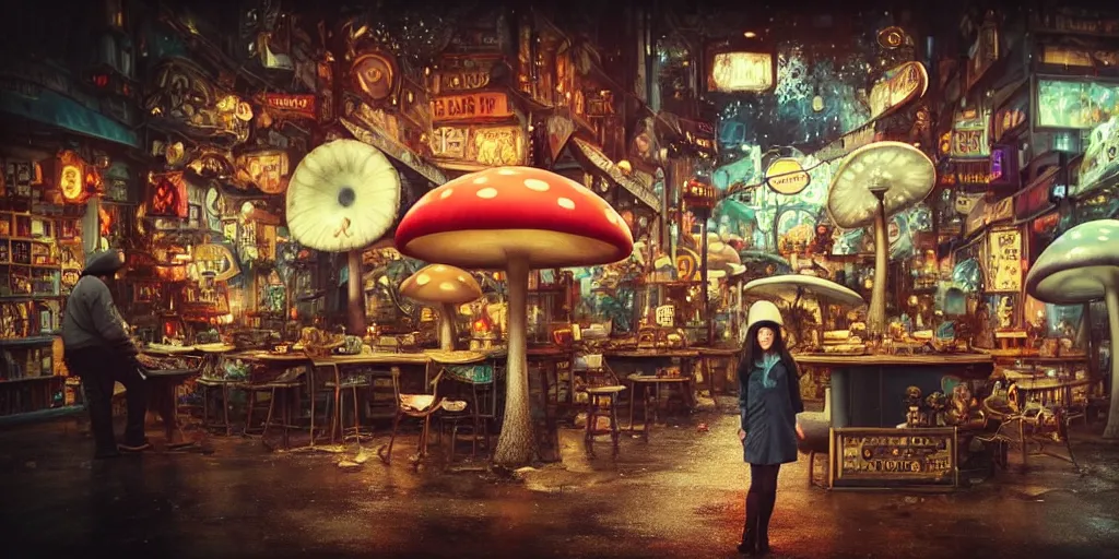 Image similar to a lively and whimsical dark fungal pawn shop, white haired skesis girls, cinematic framing, wide angle, rain lit, kawaii shop grows out from the stalk of a giant mushroom, cgsociety, siggraph, dystopian scifi, set design, oleg oprisco, conrad roset, anka zhuravleva, gediminas pranckevicius, cornell, kawasaki