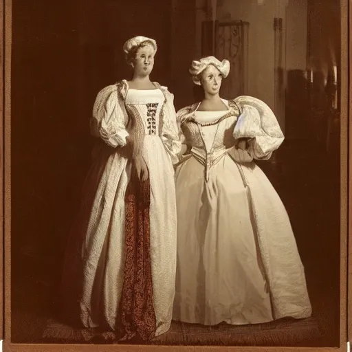 Image similar to photograph of two women with 18. century white costumes and white big baroque curly wigs, standing in a hall, candle light only