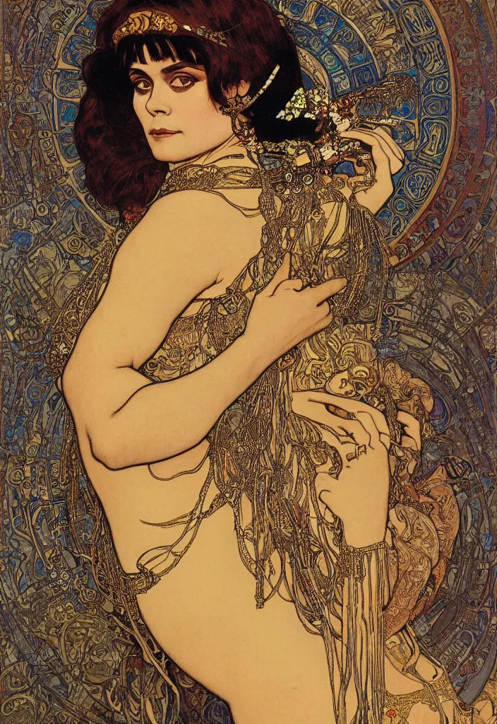Image similar to realistic detailed Art Nouveau lithograph full-face portrait of Theda Bara as Cleopatra in an elaborate costume by Alphonse Mucha and Gustav Klimt