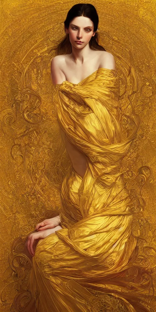 Image similar to ultra realistic illustration studio of a beautiful elegant girl in an artistic pose covered in golden silk cloths, intricate, elegant, highly detailed, digital painting, artstation, concept art, smooth, sharp focus, illustration, art by artgerm and greg rutkowski and alphonse mucha by klimt