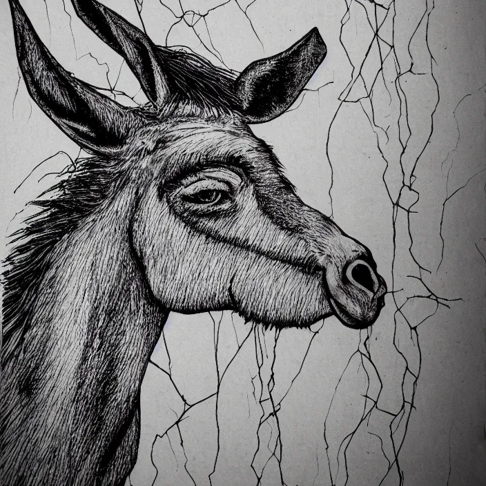 Image similar to horror poster of an evil donkey, dark atmosphere, minimalist, intricate linework, sharp focus, smooth, dramatic lighting, 8 k