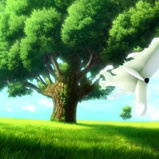 Image similar to big white whale flying near giant tree in the green field, anime, HD,