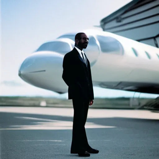 Image similar to photo of black man standing in front of private jet, depth of field cinestill, 800t, 35mm, full-HD