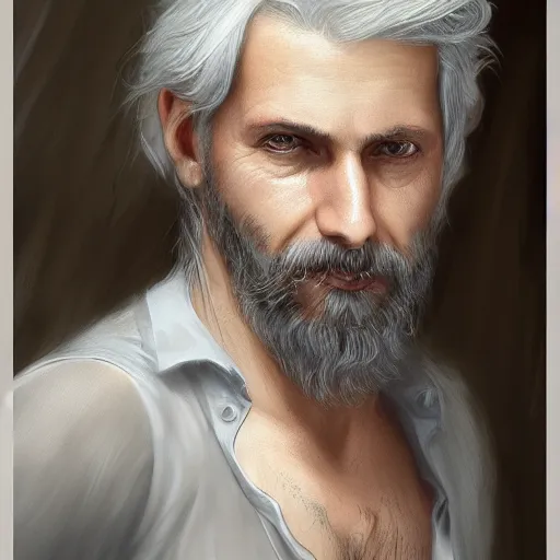 Image similar to epic portrait a beautiful man wearing a white blouse with short sleeves, Long gray hair, scars, beard, cool, digital painting, artstation, concept art, soft light, hdri, smooth, sharp focus, illustration, fantasy, intricate, elegant, highly detailed, D&D, matte painting, in the style of Greg Rutkowski and Alphonse Mucha and artemisia, 8k, highly detailed, jurgens, rutkowski, bouguereau, pastoral, rustic, georgic, detailed concept art, illustration, colorful pastel, painting, detail, ultra detailed, digital art, 4K,