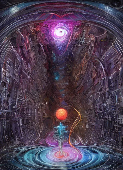 Image similar to a machine god in the machine universe encounters a living being organic cosmos inside an asymmetric orthogonal non - euclidean upside down inside out world with an infinite cosmic spiral waterfall of living information, inspired by android jones and blake foster, hyperrealistic, extreme detail, digital art, concept art, rendered in cinema 4 d, cryengine 8 k