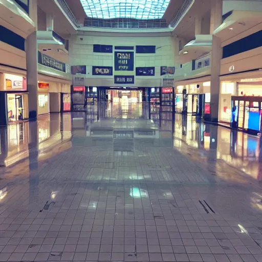 Prompt: photo of an empty mall from early 2000’s taken on an iphone 4