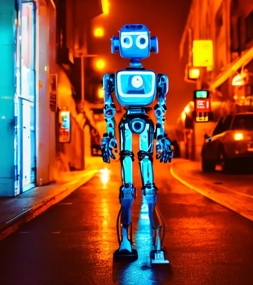 Image similar to portrait of robot lowlight neon lights, cinematic,4k,35mm,street photo, epic