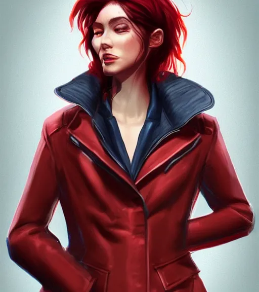 Image similar to a woman wearing a wide jacket, full body shot, red hair, highly detailed, digital painting, artstation, concept art, smooth, sharp focus, illustration