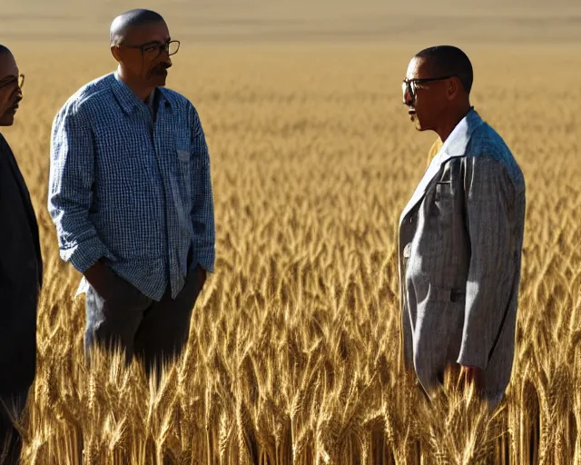 Prompt: a long shot of walter white and gustavo fring stand facing each other from a distance in a wheat field, side view, 3 5 mm photograph, 8 k resolution, wide shot, sharp lens