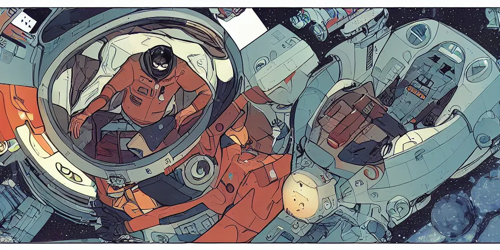 Prompt: Hibernation capsule inside a spacecraft in the graphic style of Patrick Gleason, detailed art, artstation, comic art