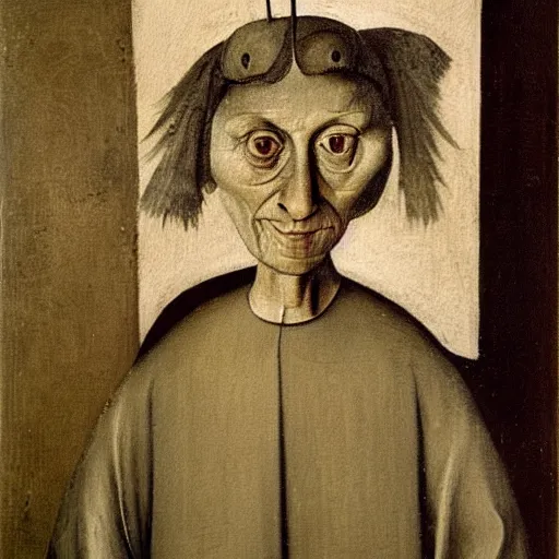 Prompt: an oil painting by Hieronymous Bosch of Diane Arbus with camera