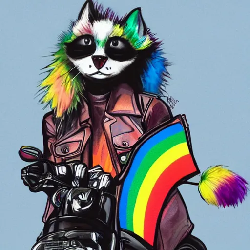 Image similar to wide angle full body, jacket wearing fluffy cute rainbow kitten wearing a black leather motorcycle jacket, riding on a motorcycle, cinematic concept art