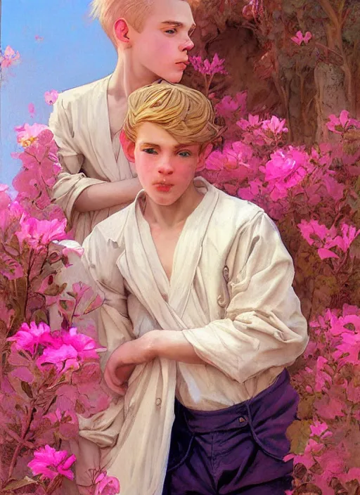 Image similar to androgynous cute pink haired teen boy wearing greek clothes, muted colors, colorful flowers, sunlight filtering through skin, j. c leyendecker, by alan lee, wlop! illustrated by starember, fantasy art by craig mullins cfg _ scale 9