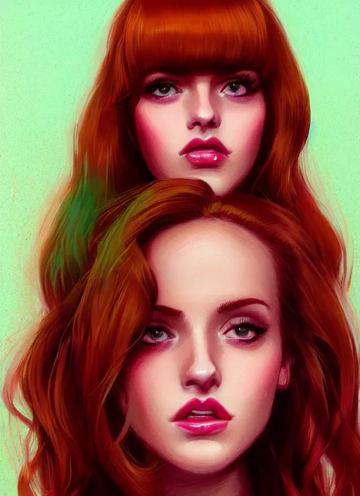 Image similar to full body portrait of teenage cheryl blossom, bangs, green eyes, sultry expression, red hair, sultry smirk, bangs and wavy hair, pink skirt, bangs, intricate, elegant, glowing lights, highly detailed, digital painting, artstation, concept art, smooth, sharp focus, illustration, art by wlop, mars ravelo and greg rutkowski