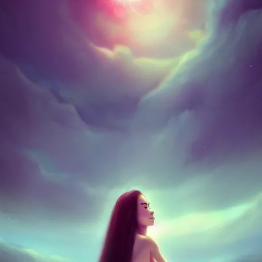 Image similar to a thin, pretty young Filipino woman with long hair floats in a dreamy world, full body view, very beautiful, inspiring, dramatic lighting, abstract digital art, trending on artstation