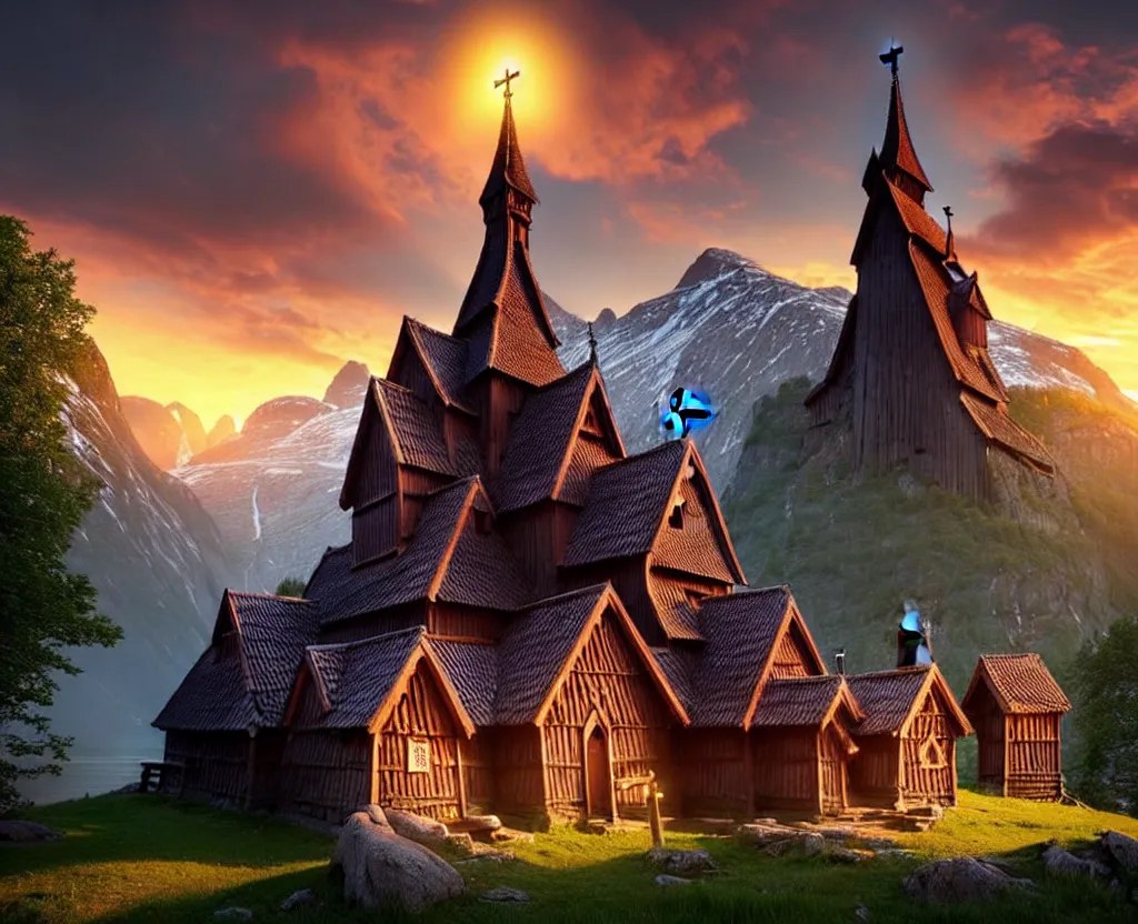 Image similar to Hopperstad Stave Church, medieval wooden church by norwegian fjord, beautiful scenery, mountains, sea, rocks, evening sunset, birds returning to their nest, a matte painting by Filip Hodas, featured on cgsociety, magical realism, matte painting, anamorphic lens flare, concept art