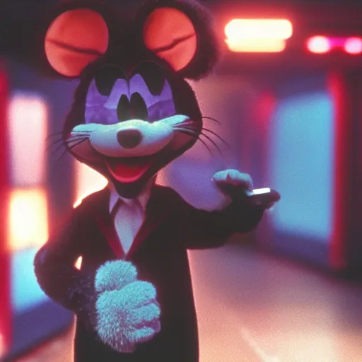 Prompt: Still of Chuck E. Cheese mouse mascot animatronic, in the movie Blade Runner, cinematic lighting, 4k