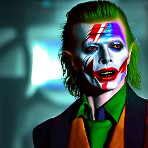 Prompt: awe inspiring David Bowie pkaying The Joker 8k hdr movie still dynamic lighting