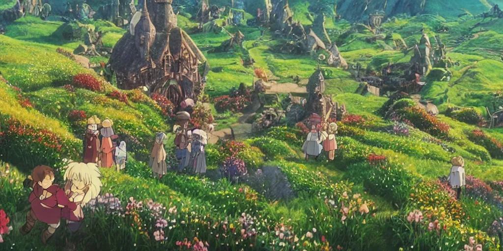 Prompt: a film still from howl's moving castle!!!!! of hobbiton, light bloom, studio ghibli!!!!!