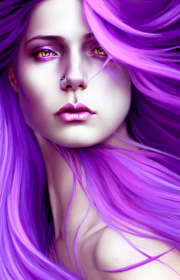 Image similar to Purple hair relistic macro Portrait of a woman with bright colored flying hair, all shades of purple. Beauty face, Hair coloring, fantasy, intricate, elegant, highly detailed, digital painting, artstation, concept art, smooth, sharp focus, illustration, art by artgerm and greg rutkowski and alphonse mucha