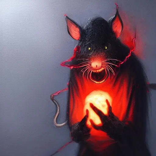 Image similar to painting of a ghostly rat with glowing red eyes, wearing tattered black burlap robes, floating in mist, clutching a blue flame in each hand, anthropomorphic rat, skaven, master splinter, nicodemus, photorealistic, artstation