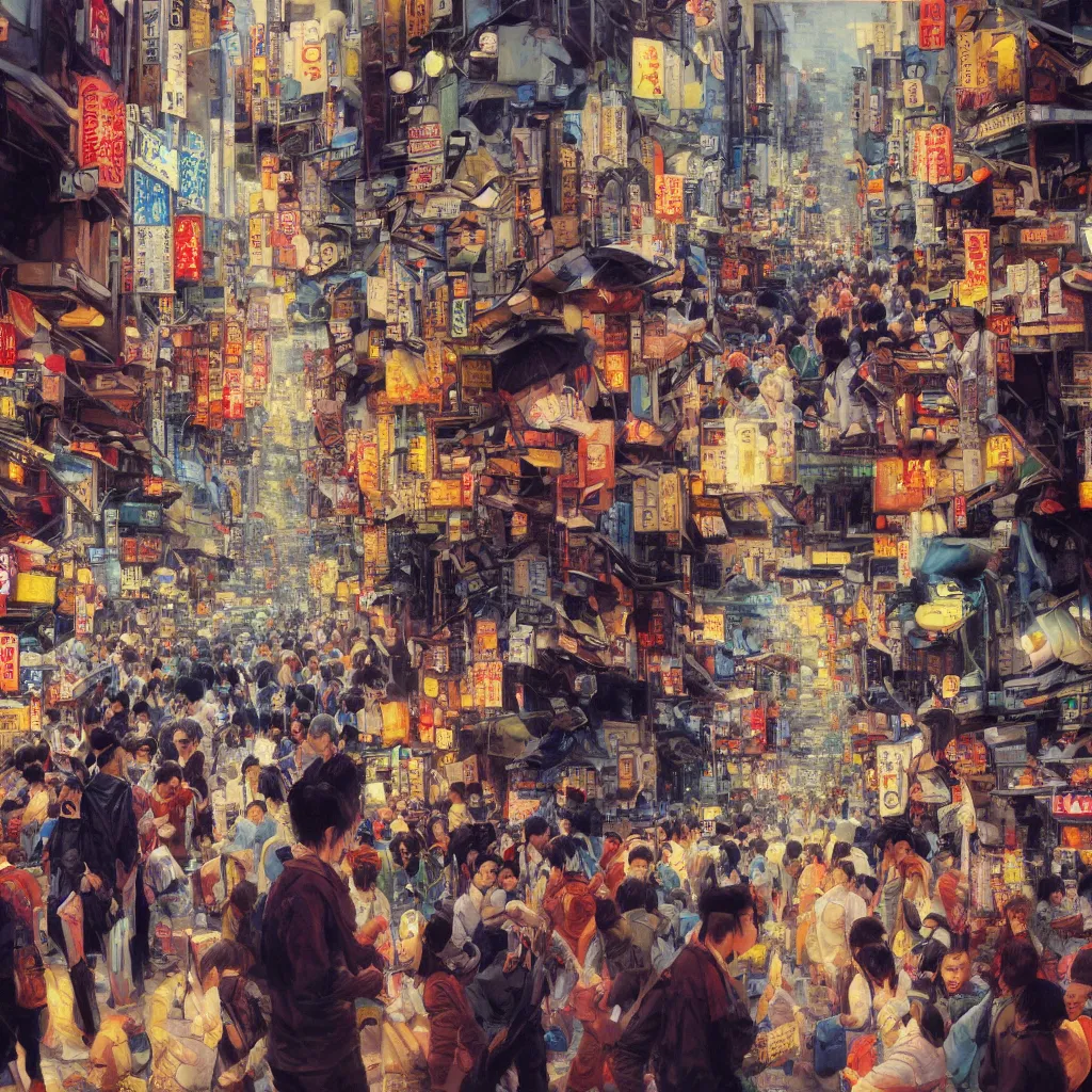 Prompt: Lost in Crowded Tokyo, very detailed oil painting, focused, colorful, artstation, Antoine Pierre Mongin