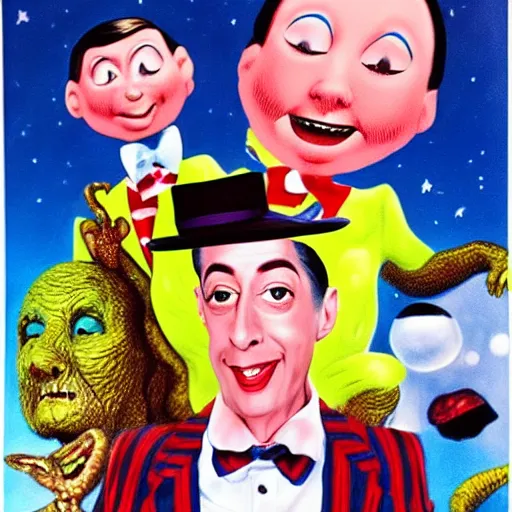 Image similar to beautiful lifelike painting of peewee herman partying with mary poppins on pluto, hyperreal detailed facial features and uv lighting, art by ed roth and basil wolverton