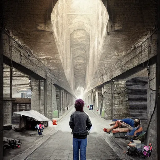 Image similar to poor people life under railway bridge, digital art, digital painting, award winning hyper realistic, 4 k, realistic face, realistic human, hyper details, style by steve mccury and annie leibovitz and chindy sherman