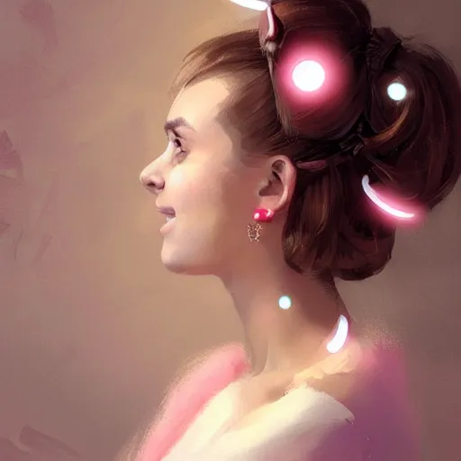 Image similar to portrait of girl, round face, brown hair, ponytails, half updo hairstyle, skinny, smile, attractive, small chin, wearing pink hair bow, earrings, intricate, elegant, glowing lights, highly detailed, digital painting, artstation, sharp focus, illustration, art by wlop, mars ravelo and greg rutkowski