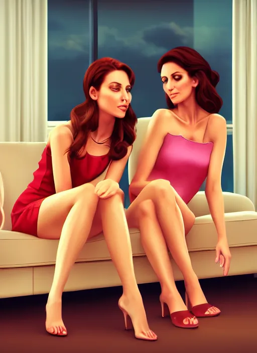 Prompt: two beautiful housewives in the living room on a hot summer evening, gorgeous faces, thick lines, cinematic lighting, detailed photorealistic digital art