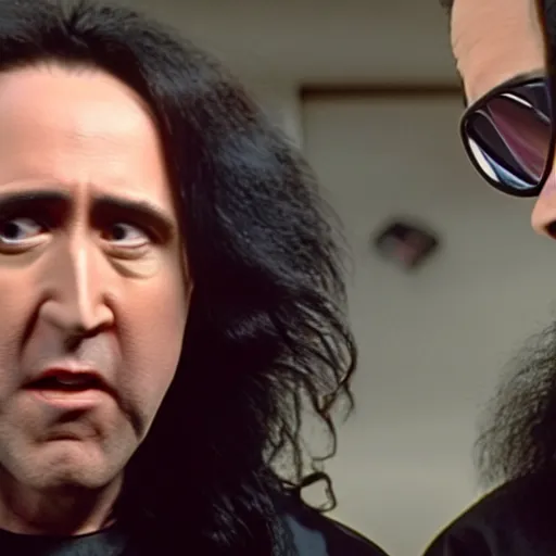 Image similar to filmic extreme close up shot movie still 4 k uhd interior 3 5 mm film color photograph of nicolas cage and tommy wiseau as two scientists arguing and yelling in a lab in antartica