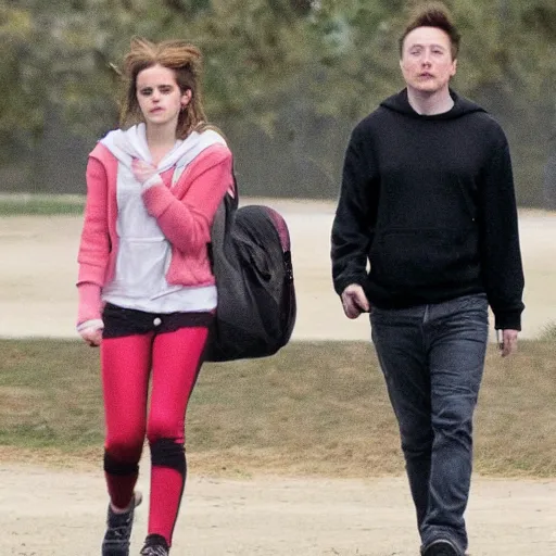 Prompt: emma watson and elon musk as a teenagers with hoodies holdings hands at the park