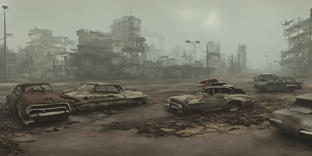 Prompt: wide angle shot of dilapidated fallout 5 tropical coastal city in real life, desolate, dilapidated, empty streets, nightmarish, some rusted retro futuristic fallout vintage style parked cars, overcast, blankets of fog pockets, rain, volumetric lighting, photorealistic, daytime, autumn, sharp focus, ultra detailed, cgsociety