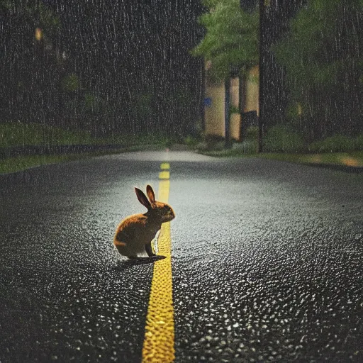 Image similar to lone rabbit in the middle of a street during a rainy night, lights, focused photo, low field of view, album cover