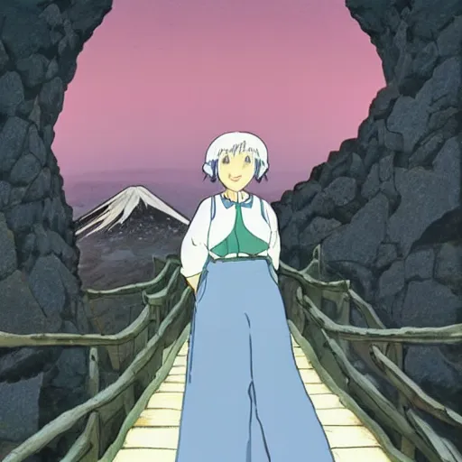 Image similar to a beautiful silver hair young woman walking up Mount Fuji in the style of studio ghibli