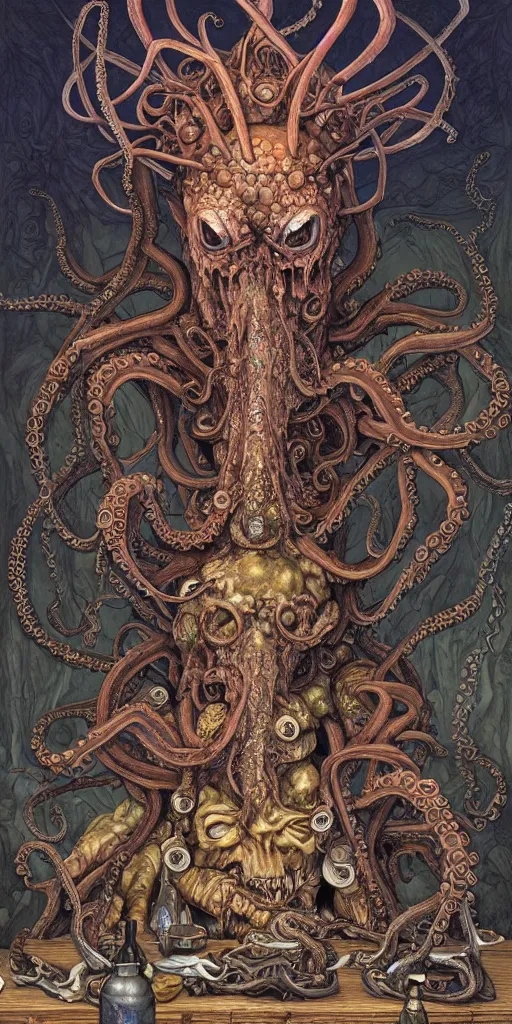 Image similar to mages with human bodies and magical armour with octopus heads sitting near the table in an ancient mage castle with enormous scale, gothic and baroque, brutalist architecture, ultradetailed, Intricate by Josan Gonzalez and John Howe and Giuseppe Arcimboldo