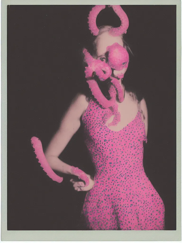 Image similar to Polaroid of an octopus in a pink polkadot dress at her high school prom, portrait by David friedric