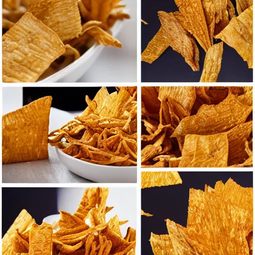 Image similar to a chaotic collage of award winning crispy crisps