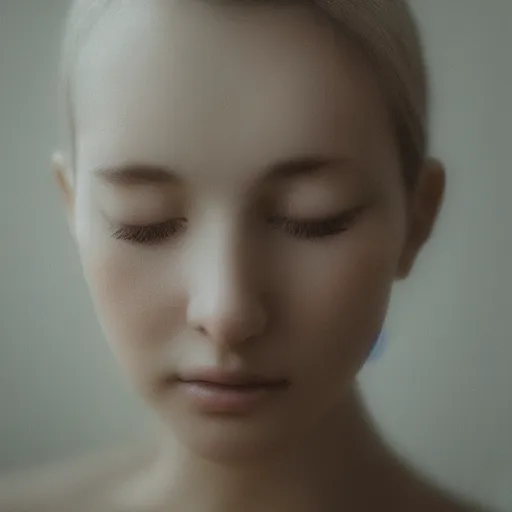 Image similar to photorealistic portrait of a beautiful young woman, very blurry, out of focus, translucent stone white skin, closed eyes, foggy, closeup