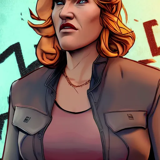 Image similar to kate winslet portrait, borderlands, tales from the borderlands, the wolf among us, comic, cinematic lighting, studio quality, 8 k