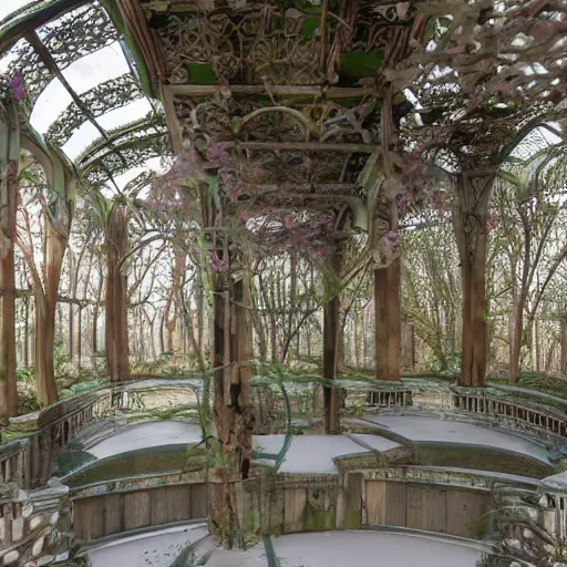 Image similar to abandoned overgrown art nouveau winter garden, epic details