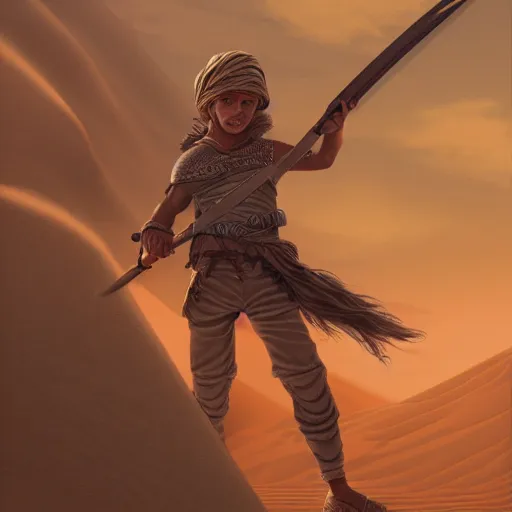 Image similar to a detailed illustration of a boy in the desert holding a sword, fantasy art illustration, incredibly highly detailed and realistic, 8 k, sharp focus