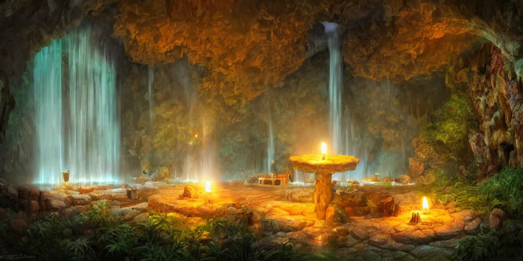 Image similar to detailed interior of cozy hotsprings hidden inside a cave, small waterfalls, lush vegetation, flowers, towels, plates of fruit, candlelight, digital painting, concept art, light shafts, stunning atmosphere, by gerald brom, cinematic lighting