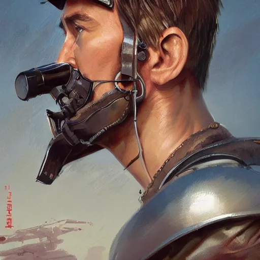 Image similar to a highly detailed epic cinematic concept art CG render digital painting artwork costume design: Errol Flynn as a 1950s sly army mechanic engineer with a thick stubble. By Greg Rutkowski, Ilya Kuvshinov, WLOP, Stanley Artgerm Lau, Ruan Jia and Fenghua Zhong, trending on ArtStation, subtle muted cinematic colors, made in Maya, Blender and Photoshop, octane render, excellent composition, cinematic atmosphere, dynamic dramatic cinematic lighting, aesthetic, very inspirational, arthouse