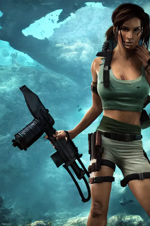 Prompt: lara croft underwater, bulging v neck with big chest, subway surrounded by fish, highly detailed, wide shot, intricate, fearful, mystical, sharp focus, Trending on Artstation HQ, deviantart, unreal engine 5, 4K UHD image